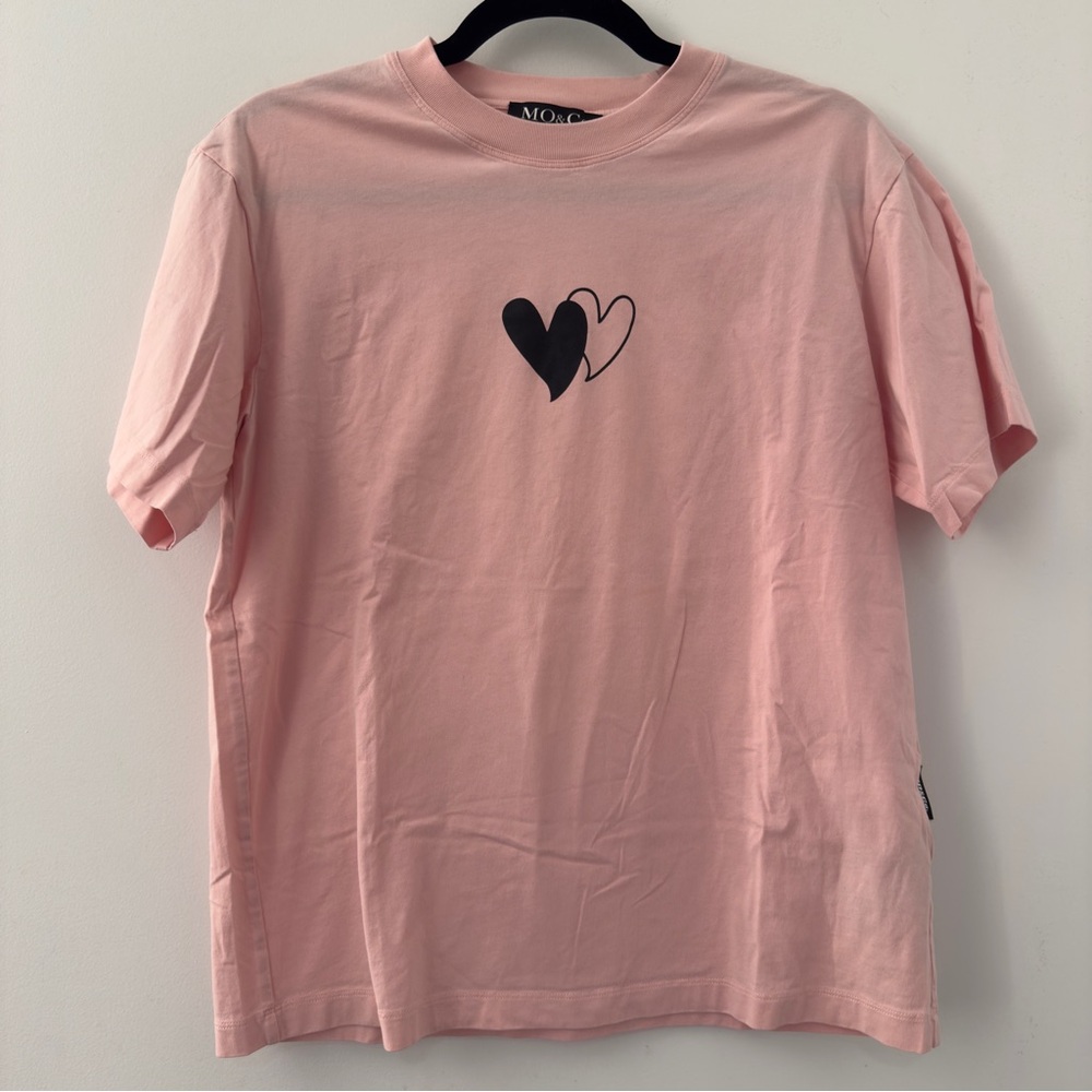 MO&Co. Pink Heart Logo T-Shirt Short Sleeve Crewneck 100% Cotton Coquette
